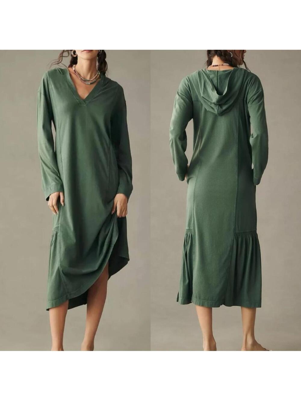 NWT Daily Practice Anthropologie Long Sleeve Hooded Maxi Dress SZ XS Green